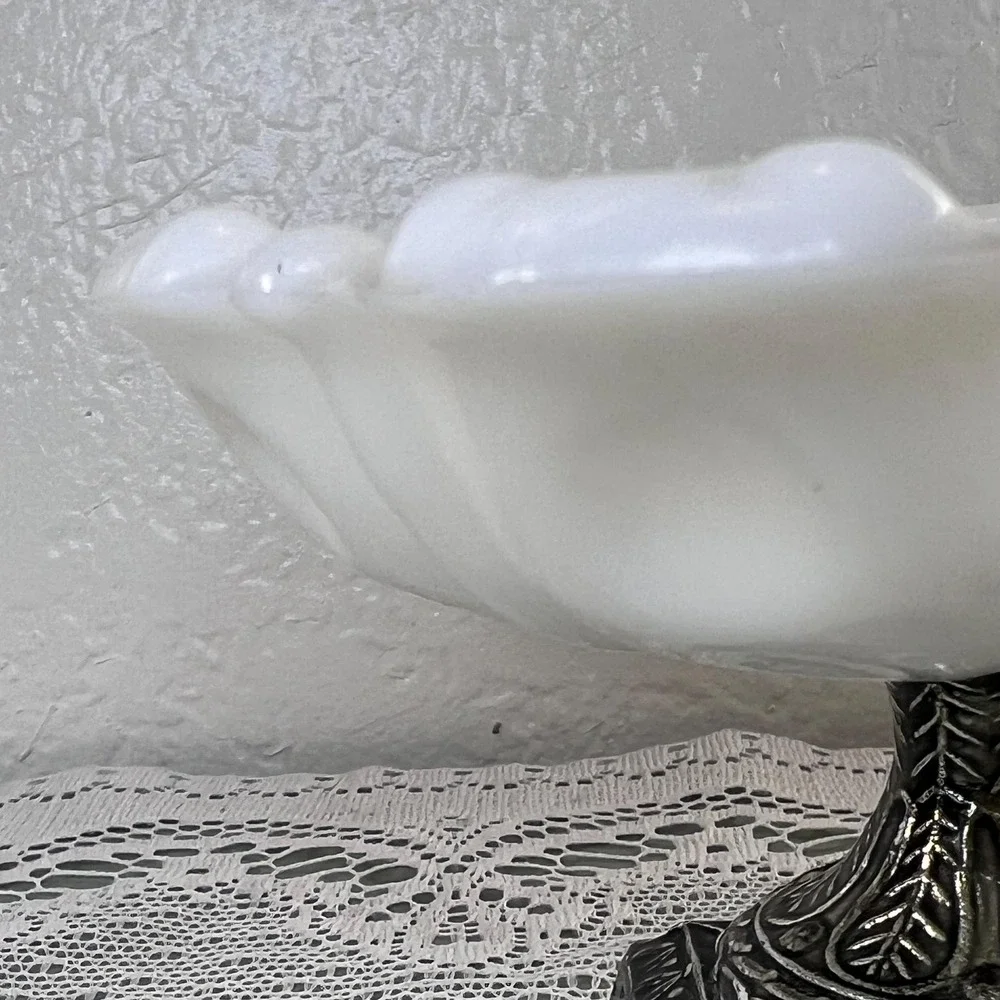 Vintage pedestal dish white glass metal footed soap trinket tray